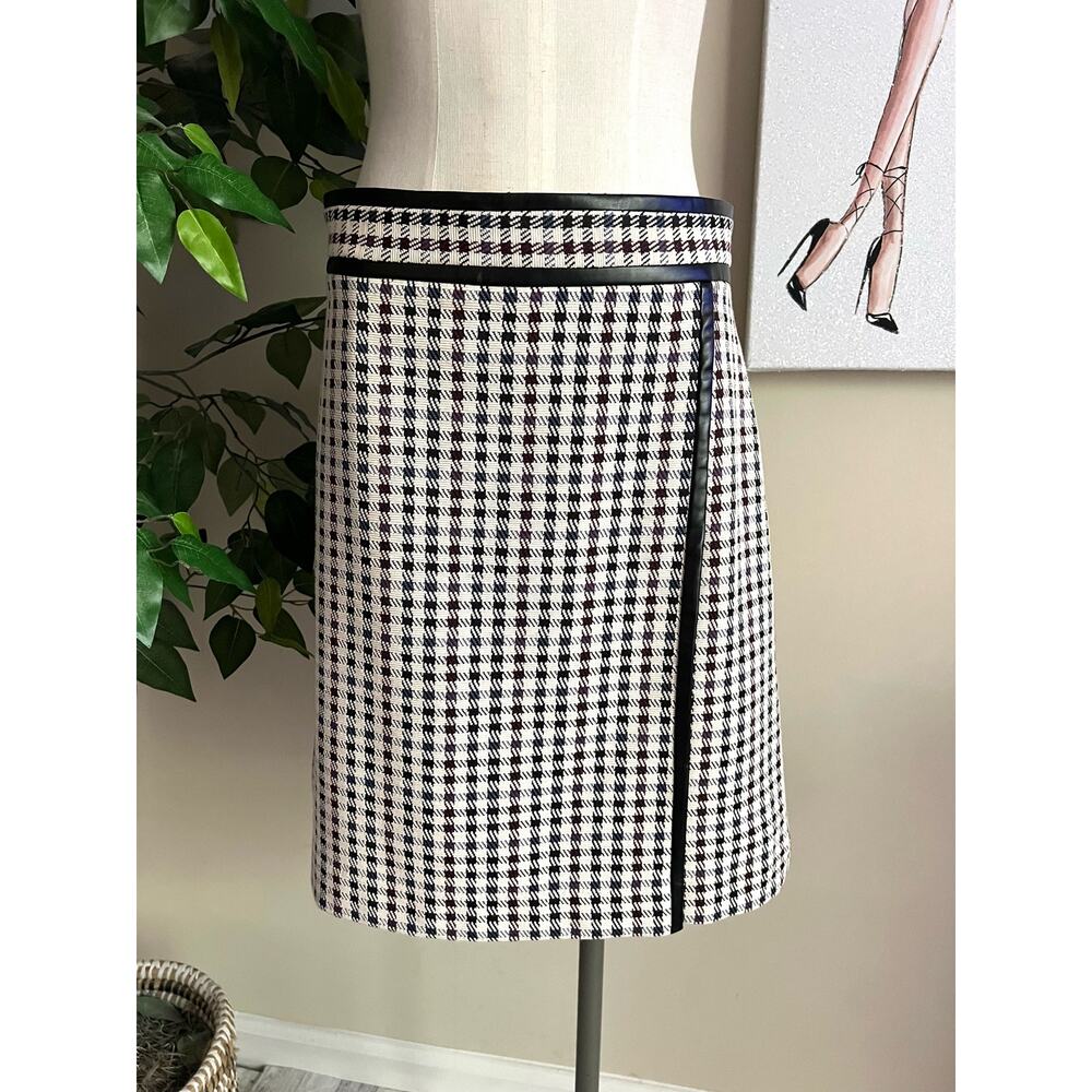 Preppy Office Ann Taylor Mini Plaid Academia Faux Leather Stretch Skirt Sz 6